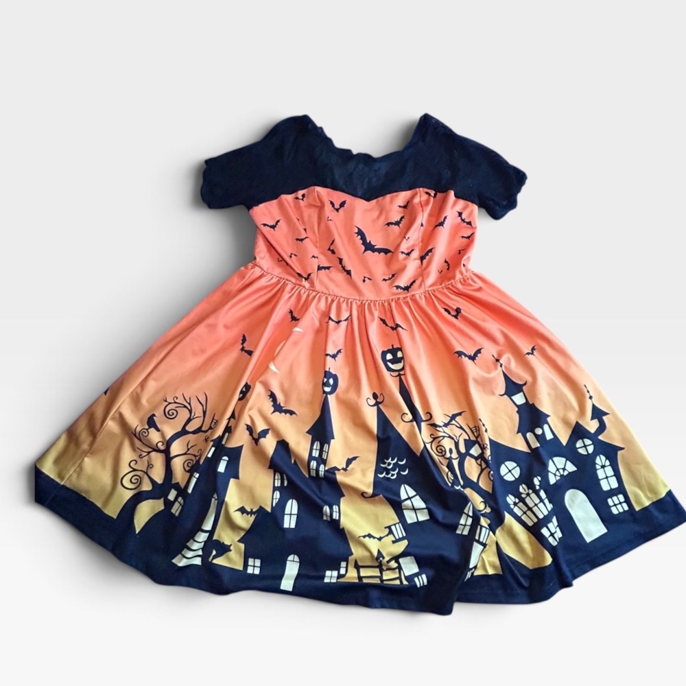 Halloween Haunted House Bat Lace A-Line Dress Orange Black Ombre Womens XL